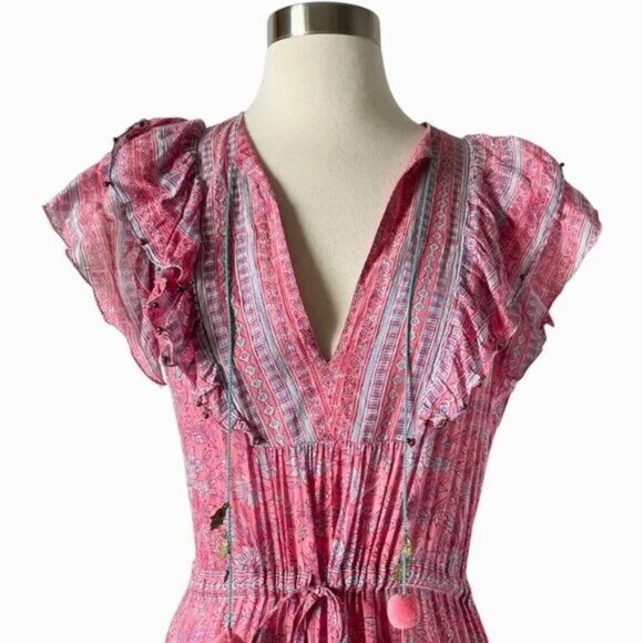 Alica Bell Lola Dress S Pink Floral Boho Maxi Ruffle Tiered Cotton Silk - Picture 2 of 6